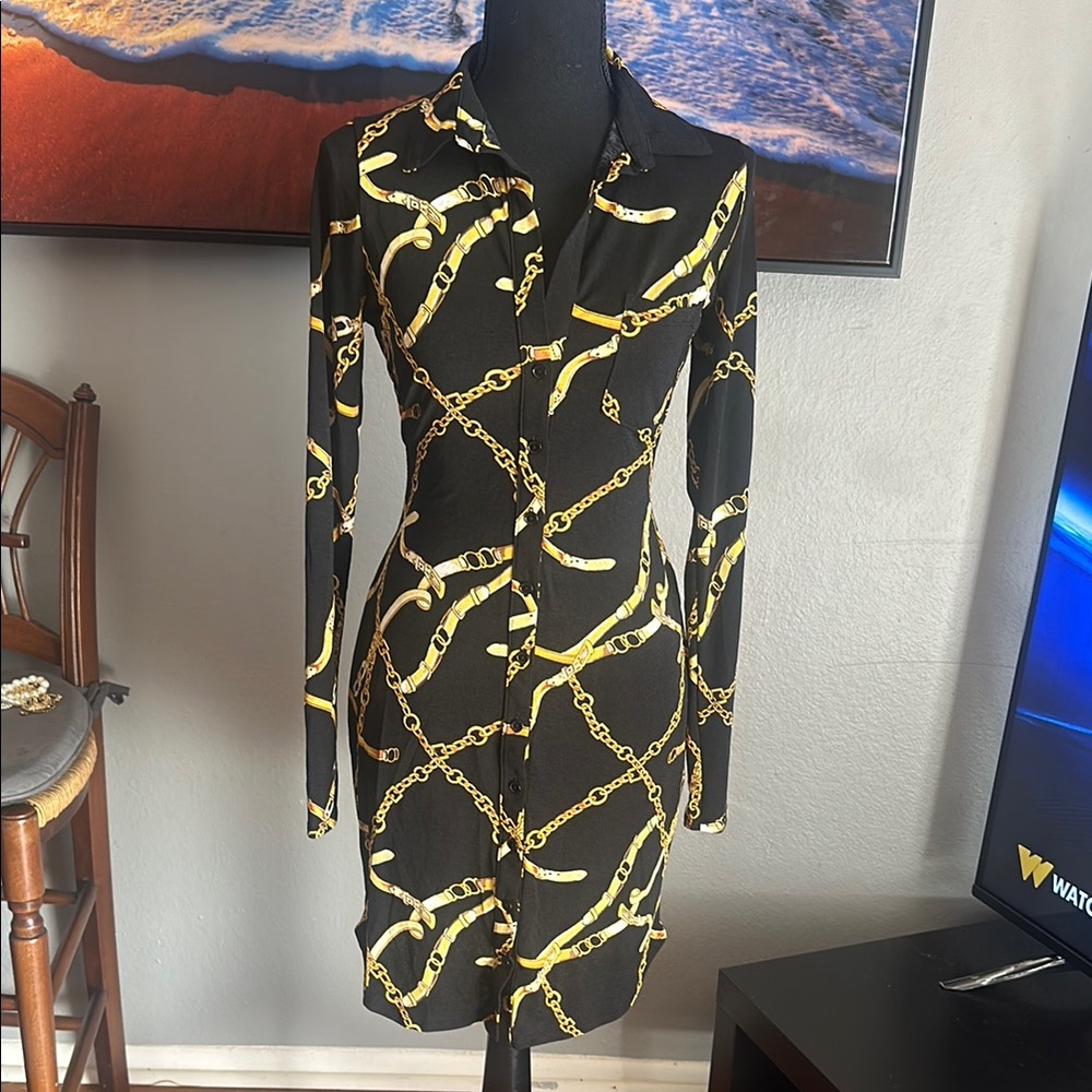 Guess Black and Gold Long Sleeve Dress
